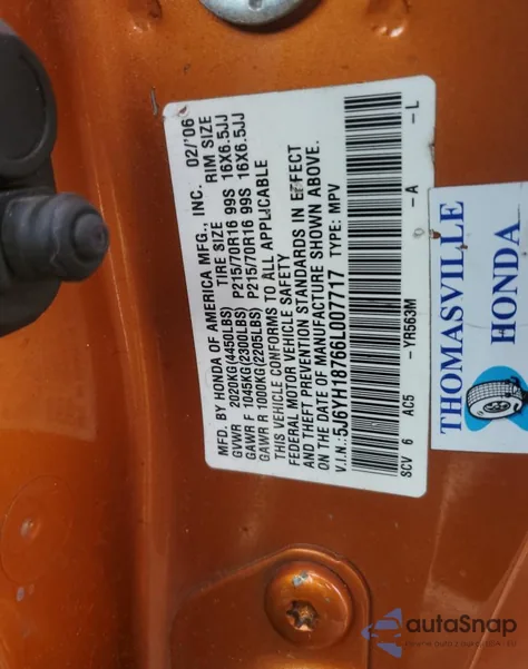 2006 Honda Element Ex z USA, uszkodzony, nr VIN 5J6YH18766L007717